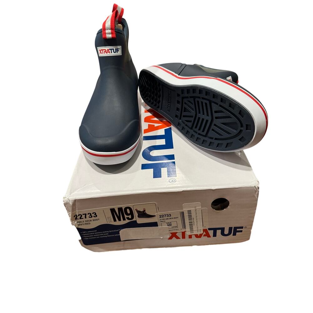 XTRATUF Ankle Deck Boots Men’s 9 Navy Red Waterproof Rubber Slip Resistant NEW